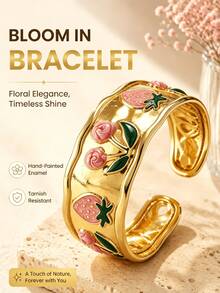 VceTd 1pc Gentle & Cute Style Stainless Steel Women's Bracelet With Enamel Drip Strawberry & Cherry Design, Suitable For Ladies To Wear At Banquets, Parties, Travel, Or Dates With Friends - Yellow Gold - View 2