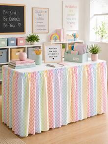 1pc Rainbow Plaid Classroom Desk Skirt, Back To School Teacher Desk Cover, Elastic Pleated Tablecloth, Suitable For Home/School Decor, Macaron Color Pleated Desk Skirt, Fits Rectangular/Round Tables - Multicolor - View 2