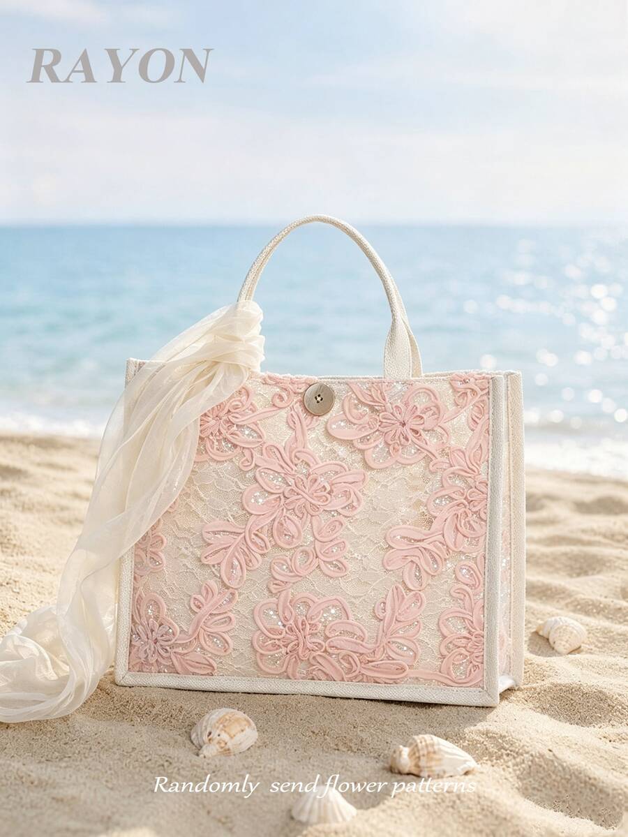 1件櫻花粉軟蕾絲刺繡亮片女款手提包,度假包,亞麻底大容量托特包,適合夏季海灘、旅行、休閒、度假、海灘景區收納與購物(花朵亮片圖案隨機裁剪分佈) - 淺粉色 - 查看 1