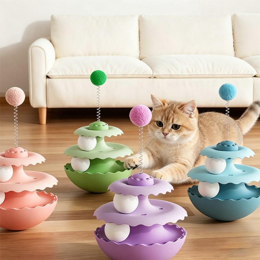 Multi-Color Pet Self-Entertainment Toy, Non-Slip Rolling Base Cat Ball Teaser Wand, Wave-Shaped Cat Rolling Toy, 3-Layer Rotating Ball With Spring Plush Ball - View 1