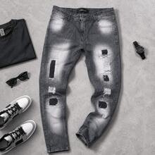 Men's Skinny, Washed Gray Player Jeans With Rips And Patches, Mid-Length, Stretchy, Modern Grunge Style. - JO/-07 - View 3