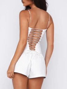 Women 2 Piece Striped Pajama Set Y2k Sleeveless Cami Tank Top And Fold Over Shorts Lounge Set Sleepwear - 白色 - 查看 6