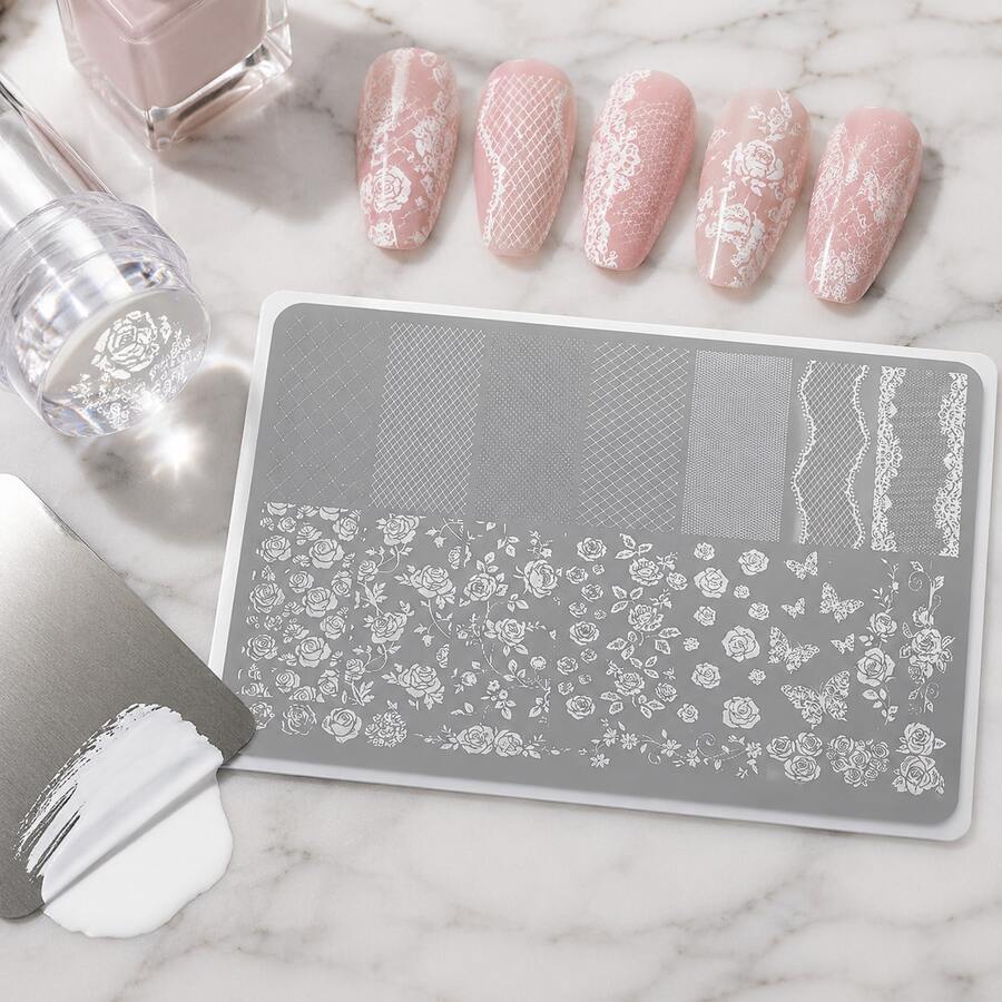 Printed Steel Plate Collection With Mesh, Lace, Multi-Cluster Rose And Butterfly Composite Patterns, One Plate Contains Dozens Of Vintage Exquisite Designs, Quickly Transfer Delicate Patterns With Stamp And Scraper, Eliminating The Long Process Of Hand-Drawing And Carving. Etched Lines With Moderate Depth, Even And Smooth Glue Pickup - Multicolor - View 1