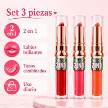 Set de 3 labiales y brillos para labios, tonos combinados, textura suave y labios brillantes para uso diario, Paquete de 3 piezas, tonos rojos y rosados, sensacion comoda en labios - Multicolor - Ver 6