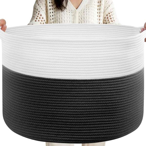 Cesta de lavandería XXL grande, cesta de lavandería de 80L, cesta de almacenamiento de mantas y almacenamiento, caja de almacenamiento de juguetes extra grande, blanco/negro, blanco/marrón, blanco/gris. Gran espacio de almacenamiento para almohadas, mantas, edredones y otros artículos. Se puede usar como cesta de mantas, cesta de zapatos de entrada o para organizar juguetes de niños, juguetes para perros, esterillas de yoga, ropa y toallas.