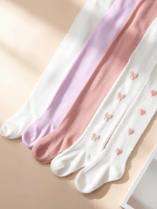 女童 5 色純色/蝴蝶結/愛心刺繡褲襪，柔軟彈性兒童內搭褲，適合日常穿著與上學 - 彩色 - 查看 11