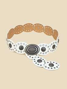 1 pieza Cinturón de mujer estilo vaquera occidental bohemio, grueso, otoño/invierno marrón con hebilla ovalada de remache de cobre vintage, accesorio de vestido para, festival - Blanco - Ver 7