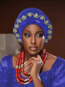 1pc Stylish And Versatile African-Style Headscarf Hat, Adorned With Rhinestones, Is Perfect For Weddings And Banquets. - Multicolor - View 7