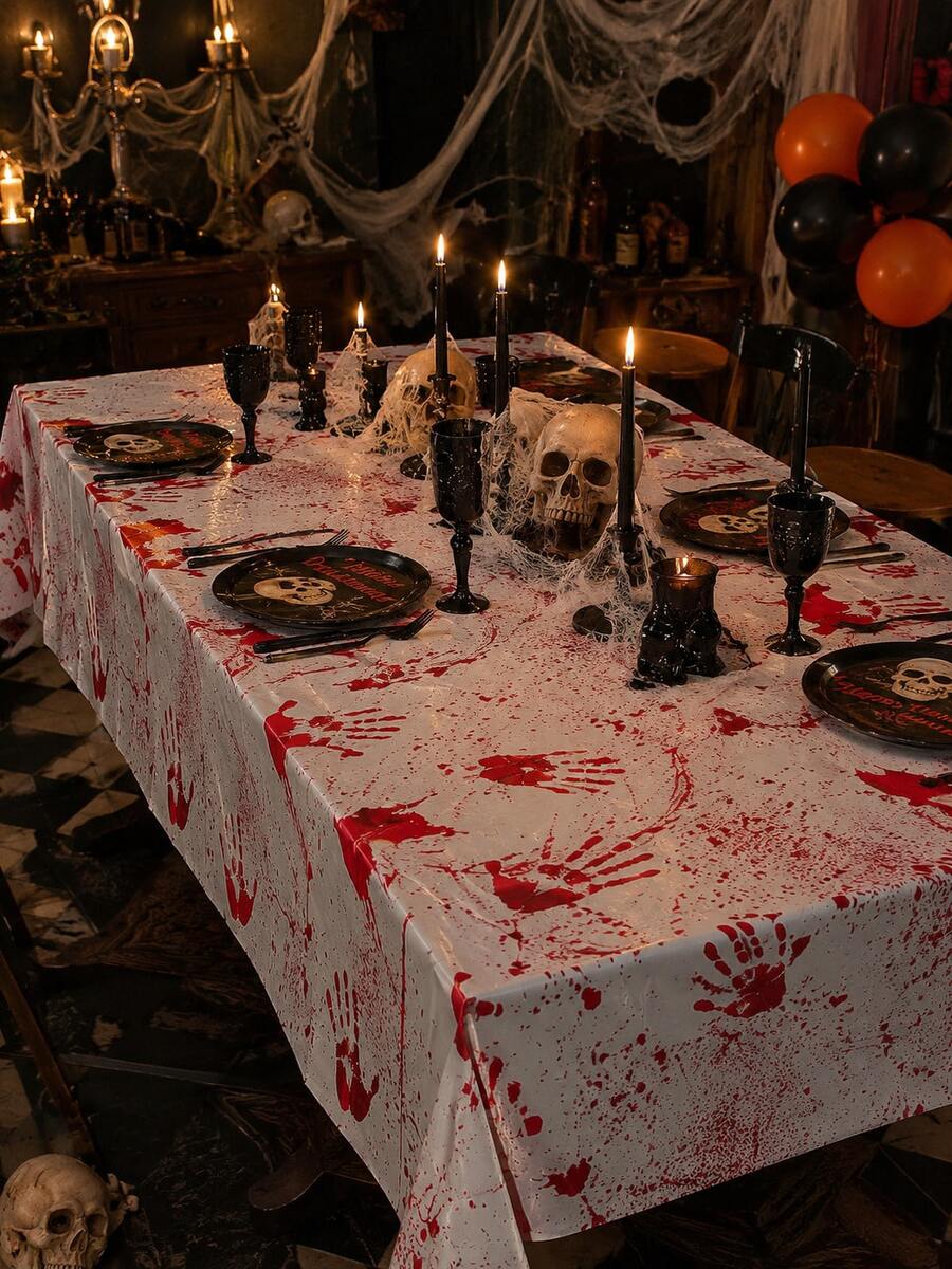 1pc Halloween Tablecloth, 54 X 72 Inches/137 X 183 Cm Disposable Waterproof Plastic Rectangular Table Cover, Bloody Handprints, Haunted House, Skull And Pumpkin Patterns, Indoor/Outdoor Party Dining Decoration, 4 Styles - Tablecloth - View 1