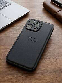 客製化姓名手機殼，適用 11 12 13 14 15 16 17 Pro Max Plus，韓系奢華 PU 皮革 3D DIY 刻字字母縮寫防震手機殼，送給朋友與家人的靜奢風個性化禮物，美學設計 - 黑色 - 查看 4