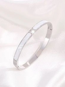 1/5Pcs Gold Plated Stainless Steel Cuff Bangles For Women, Classic Rhinestone Inlaid Stackable Bracelets, Non Tarnish Waterproof Jewelry - Silver - View 5