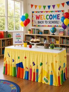 1pc Colorful Crayon, Ruler, Eraser Pattern Table Skirt, Suitable For Home Decor, Room Decor, Bedroom Decor, Garden, Kitchen, First Day Of School Classroom Decor And Teacher's Desk Skirt - Multicolor - View 3