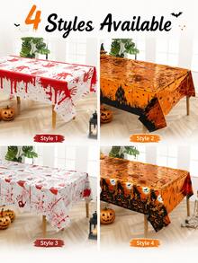 1pc Halloween Tablecloth, 54 X 72 Inches/137 X 183 Cm Disposable Waterproof Plastic Rectangular Table Cover, Bloody Handprints, Haunted House, Skull And Pumpkin Patterns, Indoor/Outdoor Party Dining Decoration, 4 Styles - Tablecloth - View 2
