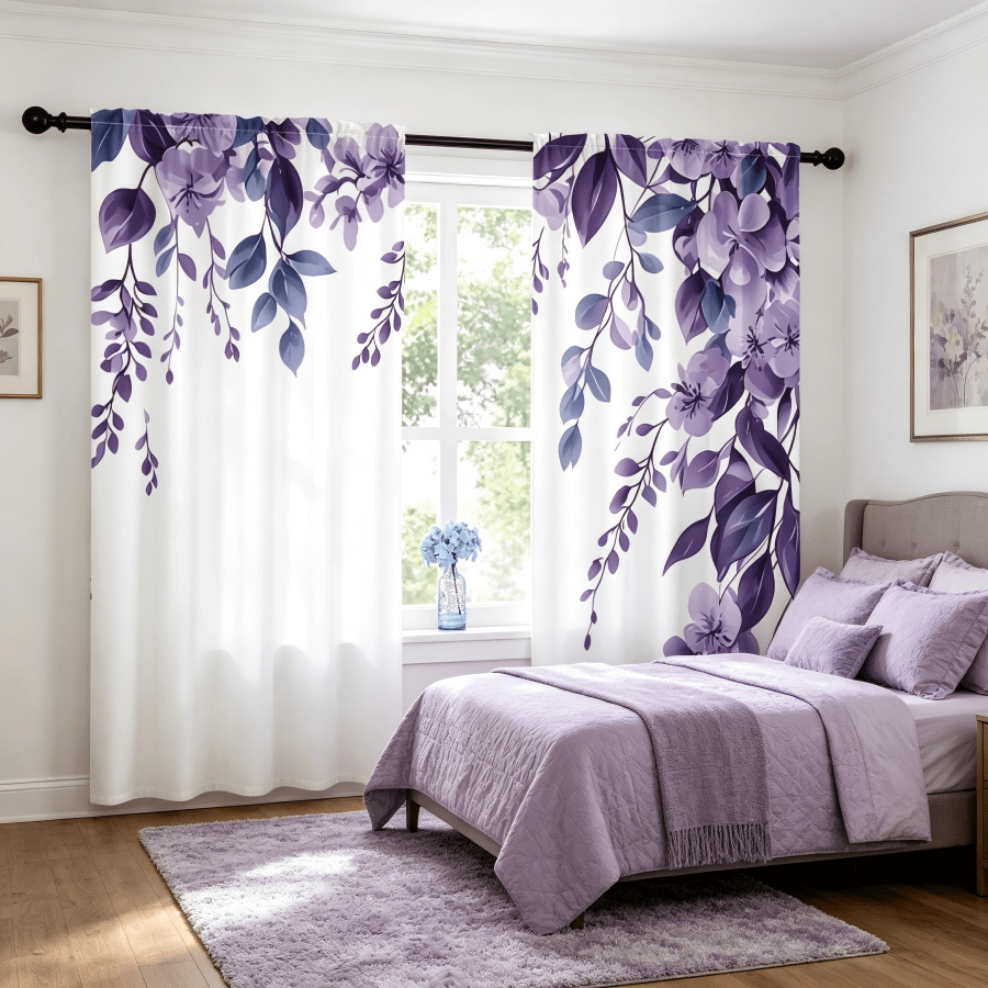 2 peças de cortinas com folhas florais em roxo escuro e roxo claro, impressão plana 2D, design fresco de planta em aguarela, translúcidas, estilo com passante para varão, adequadas para quarto, apartamento, sala de estar, restaurante e decoração de janelas de casa