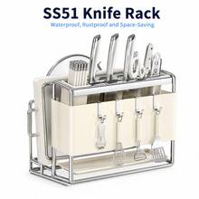 Knife Holder Storage Organizer With Hooks, Stainless Steel Knife Block Holder Cutting Board Rack,Kitchen Utensils Holder With Drainer Tray For Kitchen Countertop - White - View 3