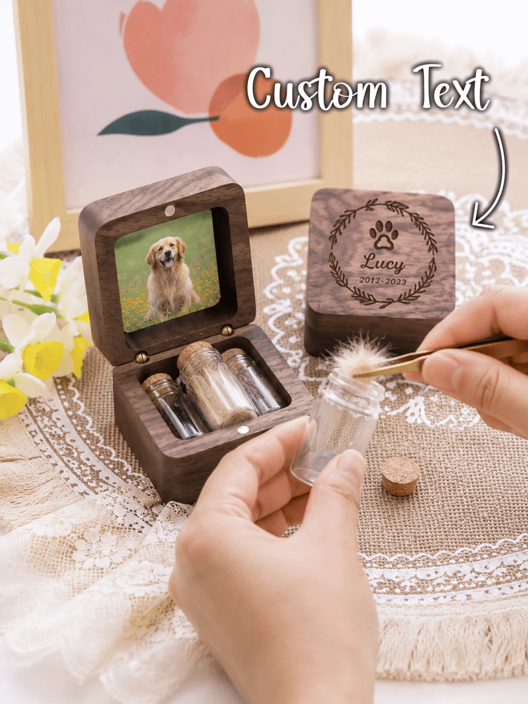 Custom Wooden Pet Hair Memorial Box: Engraved Pet Memorial Gift - Brown - View 1