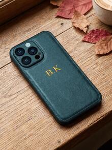 客製化手機殼，適用於 iPhone 17 16 15 14 13 12 11 Pro Max、17 Air、16 15 14 Plus，適用於 Galaxy S25 S24 S23 S22 Ultra Plus，個性化縮寫姓名殼，3D DIY 雕刻金字燙金技術，PU 皮革背蓋，奢華經典商務 PU 皮革殼，節日禮物送給愛人、朋友、家人或自己 - 綠色 - 查看 5