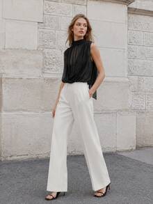 Solid Color Turtleneck Sleeveless Pleated Blouse, Spring/Summer Black - Black - View 7