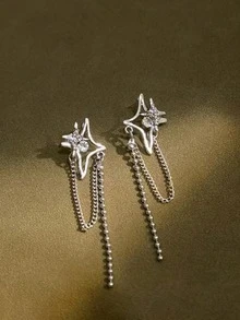 1 Pair Fashionable High-End Pentagram Earrings, Zinc Alloy Chain Tassel Earrings, Exquisite European-American Style Ear Pendants - Silver - View 7