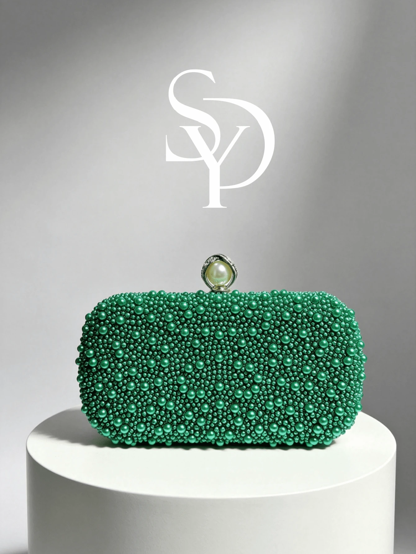 Green Faux Pearl Decorated Evening Clutch, Luxurious Hard Shell Box Wallet With Pearl Clasp, Suitable For Wedding/Party/Ball/Banquet - Dark Green - View 1