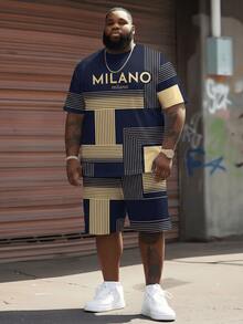 Plus Size Men's Geometric Line Print Short Sleeve T-Shirt + Shorts Set, Casual Sports 2-Piece Set - Multicolor - View 3