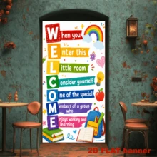 2D Flag Welcome To School Classroom Theme Background, Featuring Elements Of Rainbows, Books, And Learning Supplies. Easy To Use, Suitable For Indoor And Outdoor Setups. - 1 - View 4