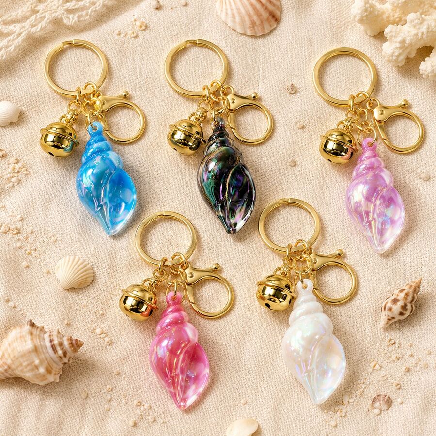Ocean Gradient Seashell Keychain, Multi-Color Transparent Iridescent Resin Pendant With Gold Bell And Lobster Clasp, Women's Bag Charm, Car Key Decoration, Summer Beach Theme Gift, Sold Individually