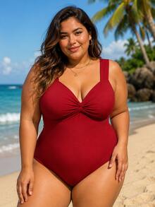 Plus Size Crossover Swimsuit, Casual And Elegant. - 紅木色 - 查看 4