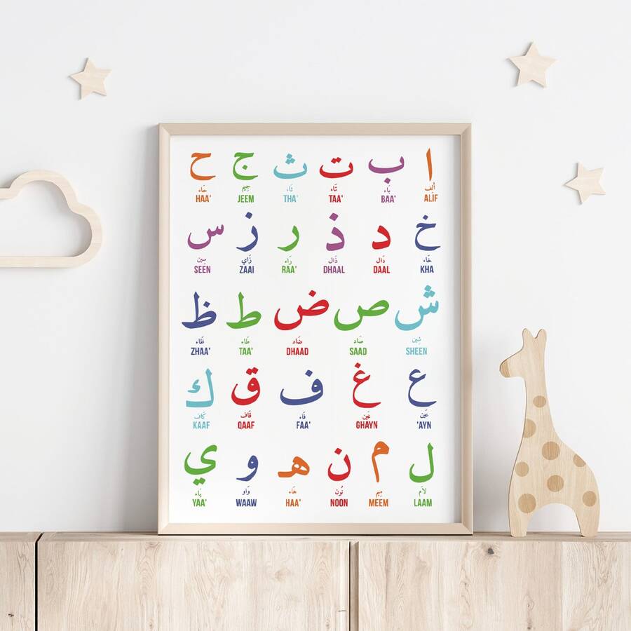 1Pc Optinal Frame Arabic Alphabet Educational Canvas Poster, Choice Of Unframed Or Stretched Framed Style, Islamic Wall Art For Classroom, Colorful Arabic Letter Learning Chart, Minimalist Room Decor (Internal Wood Frame Optional)