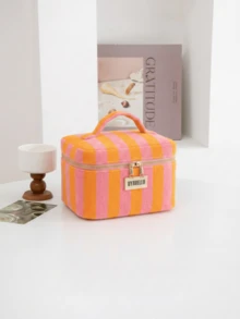 Bolsa de Maquiagem de Grande Capacidade na Moda, Bolsa de Viagem Fofa com Padrão Listrado de Blocos de Cores, Clutch Elegante e Sofisticada de Estilo Boêmio, Bolsa de Higiene Pessoal Portátil com Zíper para Viagem, Bolsa de Armazenamento Portátil, Essencial de Viagem, Suprimentos de Volta às Aulas, Conjunto de Bolsa de Maquiagem de Tecido Macio, Carteira e Bolsa Feminina na Moda, Adequado para Casa, Viagem, Férias e Escola, Essencial de Quarto, Presente de Madrinha, Presente do Dia das Mães, Presente de Aniversário. (Padrão Aleatório) - Laranja - Visão 13