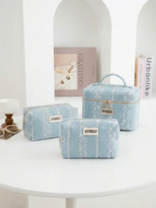 Bolsa de maquillaje azul de gran capacidad y moda, bolsa de viaje de vacaciones con patrón floral lindo, bolso de mano elegante de alta gama bohemio, bolsa de aseo de viaje portátil con cremallera, bolsa de almacenamiento portátil, esencial de viaje, útiles escolares, juego de bolsas de maquillaje de tela suave, cartera y bolso de mujer de moda, adecuado para el hogar, viajes, vacaciones y escuela, esencial para el dormitorio, regalo para dama de honor, regalo del Día de la Madre, regalo de cumpleaños. (Patrón aleatorio) - Celeste - Ver 9