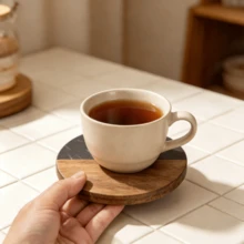 Heat Resistant Non-Slip Marble Acacia Wood Spliced Coasters, Round Square Hexagon Shapes Elegant Table Protector Pad For Hot Mugs Cookware, Compact Decor Accessory Suitable For Home Kitchen Dining Table Daily Household Dining Scenes - Multicolor - View 3