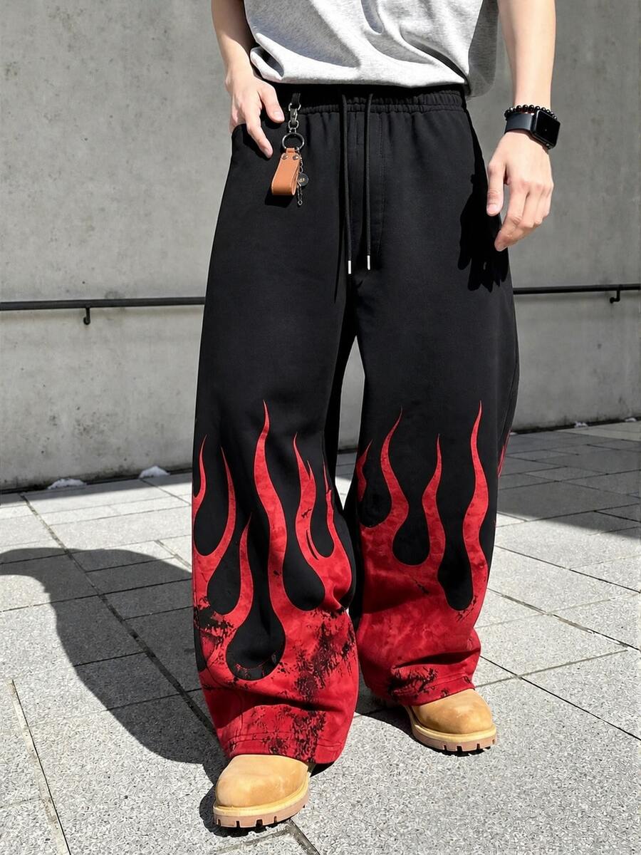 FRACTYR 男士夏季休閒街頭風做舊紮染火焰圖案深色高街風雙面設計寬鬆印花長褲 - 黑色 - 查看 1