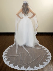 1pc Vintage Lace Trimmed Cathedral Wedding Veil, 1 Layer 3 Meters Long Soft Tulle Bridal Veil With Comb - Multicolor - View 2