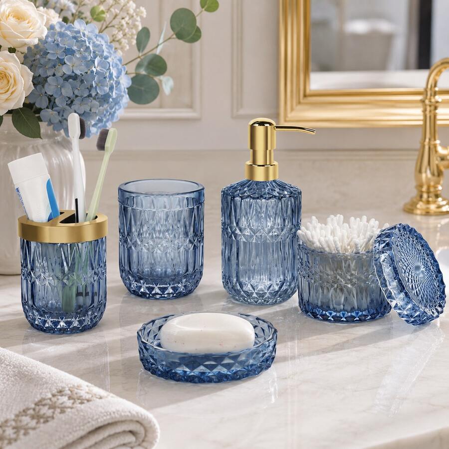 Bathroom Accessories Set, 5Pcs Bathroom Soap Dispenser Set, Glass Bathroom Accessories With Glass Soap Dispenser, Soap Dish, Toothbrush Holder, Tumbler, Cotton Swab Jar | Complete Bathroom Suite - Wedding Or Home Upgrade Gift Set - 藍色 - 查看 1