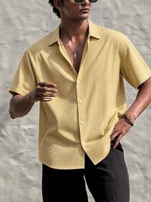 FRACTYR Men's Summer Casual Short Shirt, Light Yellow With Grey And White Fine Vertical Stripes, Short Sleeve, American Vintage Lapel Full Button-Down Loose Dropped Shoulder Slouchy Style Outerwear Casual Top, Fashionable And Versatile, Perfect For Daily Wear, Vacation And Street Style Looks. - Yellow - View 3