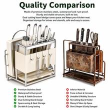 Knife Holder Storage Organizer With Hooks, Stainless Steel Knife Block Holder Cutting Board Rack,Kitchen Utensils Holder With Drainer Tray For Kitchen Countertop - White - View 4