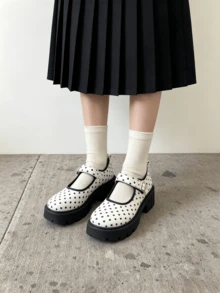 Black Mary Jane High Heels Women's 2024 Summer New Shoes Versatile College Style Thick Sole Shoes/Polka Dot Thick Sole Mary Jane Shoes Women's Height Increasing Leather Shoes Japanese JK Style Single Strap Round Toe Low Vamp Versatile Shoes - Black and White - View 4