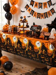 1pc Halloween Tablecloth, 54 X 72 Inches/137 X 183 Cm Disposable Waterproof Plastic Rectangular Table Cover, Bloody Handprints, Haunted House, Skull And Pumpkin Patterns, Indoor/Outdoor Party Dining Decoration, 4 Styles - Tablecloth - View 5