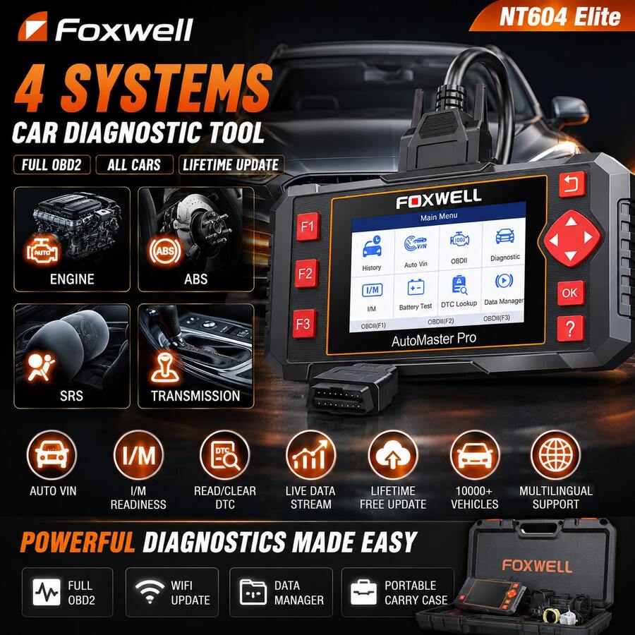 Foxwell NT604 Elite 4 系統 OBD2 汽車診斷掃描儀，引擎 ABS SRS 變速箱故障碼讀取器，相容 1996 年及之後車型 OBD2 EOBD JOBD CAN 協定，終身免費更新，適合技師與男孩的最佳禮物