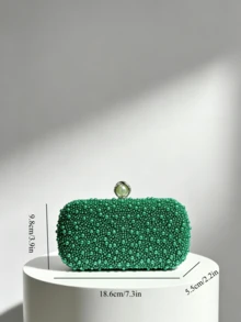 Green Faux Pearl Decorated Evening Clutch, Luxurious Hard Shell Box Wallet With Pearl Clasp, Suitable For Wedding/Party/Ball/Banquet - Dark Green - View 3