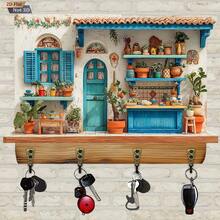 [Ins Style]Creative Wooden Key Hook Mediterranean Pastoral Entryway Storage Rack Wall Decor Key Holder Entryway Foyer Key Hanging Shelf Decorative Key Hook Rack, 1pc, 2D Flat Design - Multicolor - View 10
