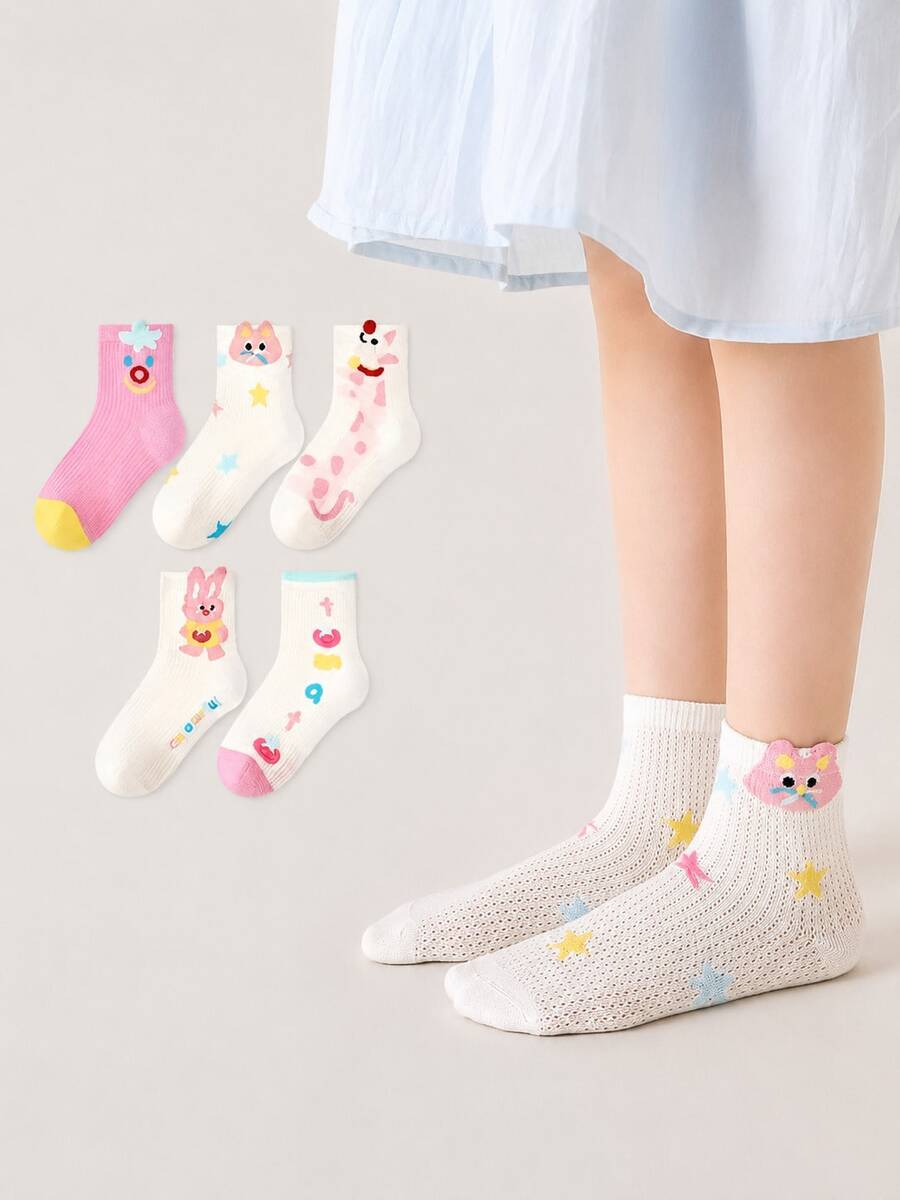 5 pares de calcetines cortos de punto suave con malla hueca y estampado de gato, conejo y estrella de dibujos animados para niñas - Multicolor - Ver 1