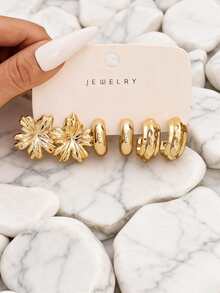 1 Set Golden Tone Floral & Teardrop Earrings Set, Minimalist Metal Hoop & Stud Earrings For Women, Daily Wear Jewelry - Yellow Gold - View 5