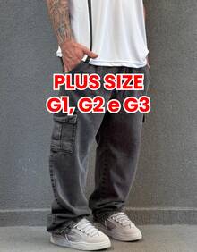 Plus Size Cargo Jeans, Black, Stonewashed, Spring/Summer, Autumn/Winter, Loose Fit, Drawstring - Grey - View 1