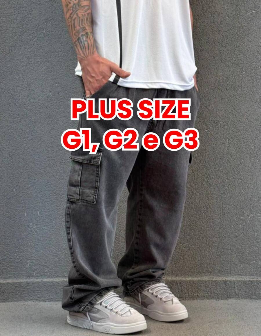 Plus Size Cargo Jeans, Black, Stonewashed, Spring/Summer, Autumn/Winter, Loose Fit, Drawstring - Grey - View 1