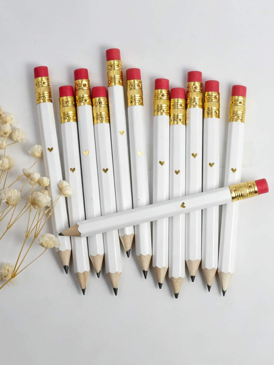 25支迷你心形金箔鉛筆附橡皮擦，4英吋/10公分迷你HB六角高爾夫鉛筆，附1個鉛筆削筆器，婚禮禮物（白色），開學季