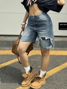 Y2K街頭復古水洗藍膝長牛仔短褲 生邊斜口袋 牛仔短褲女裝 夏季度假 外出 演唱會 休閒穿搭 - 藍色 - 查看 5