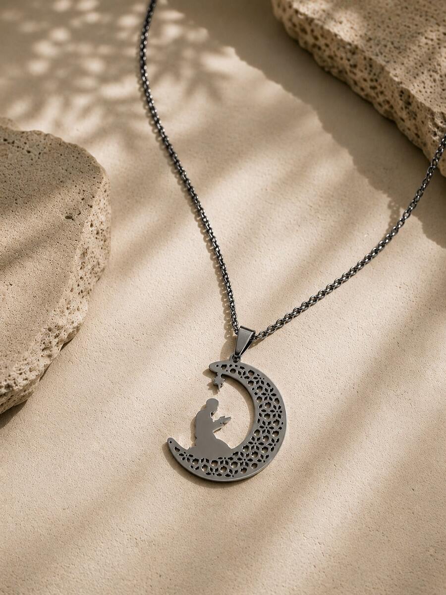 1 pieza Collar de luna de plata para hombres - Plateado - Ver 1