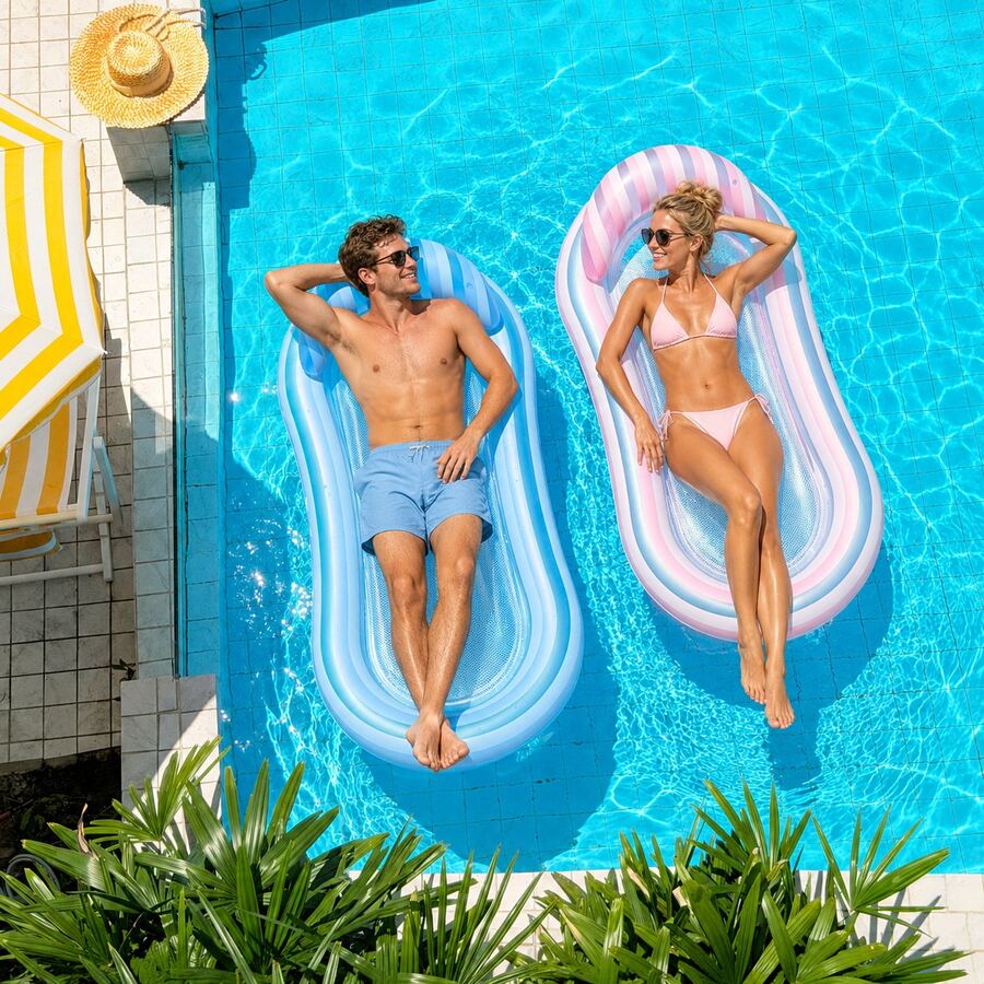 Pink & White Gradient Striped Mesh Inflatable Pool Float Vacation Water Lounge - Pink - View 1
